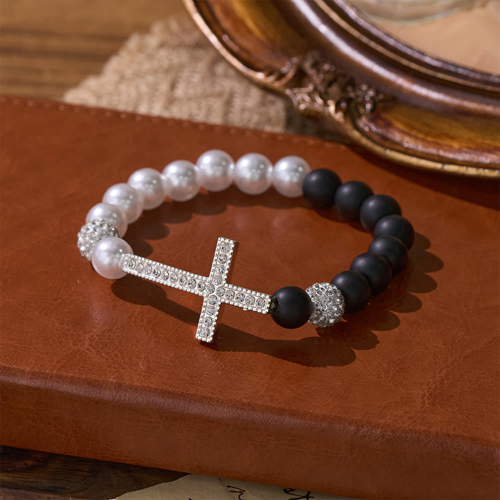 Conjunto de Pulseira Cruz de Contas Moderno Preto