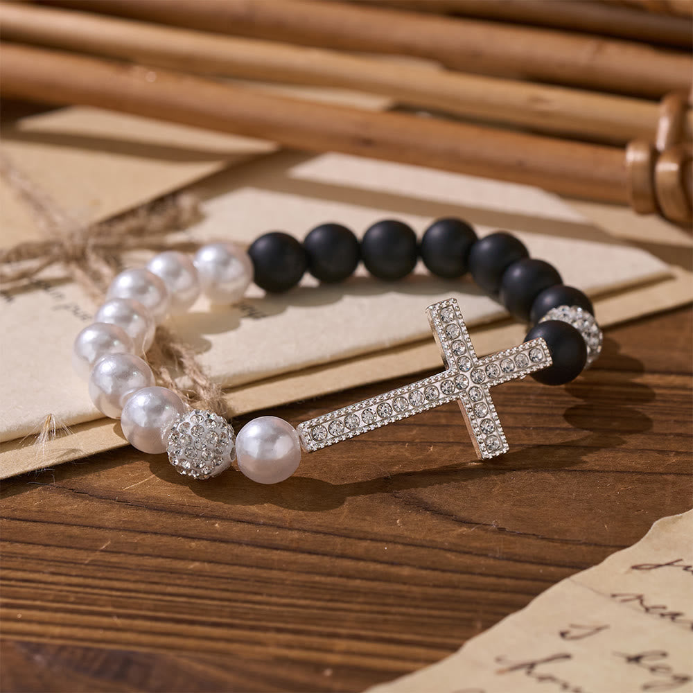 Conjunto de Pulseira Cruz de Contas Moderno Preto