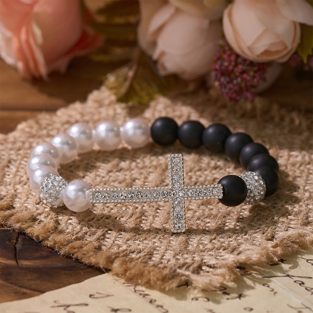 Conjunto de Pulseira Cruz de Contas Moderno Preto