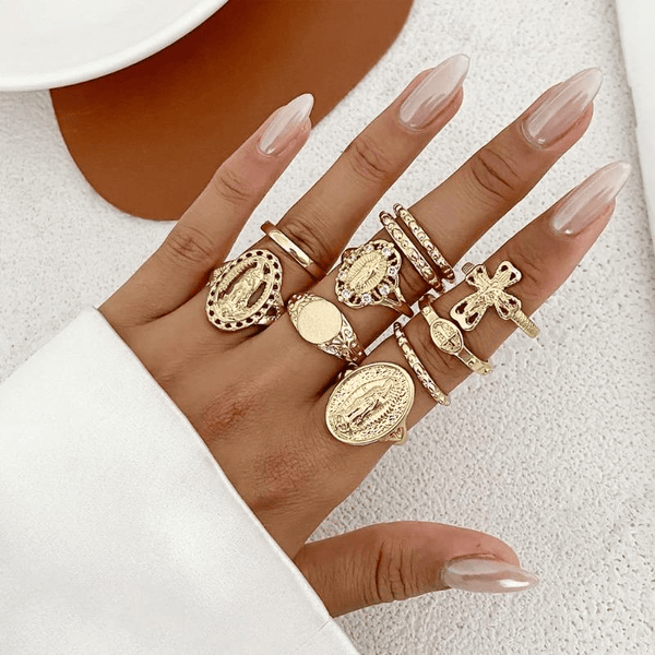 Conjunto de Anel Cruz Moderno Dourado