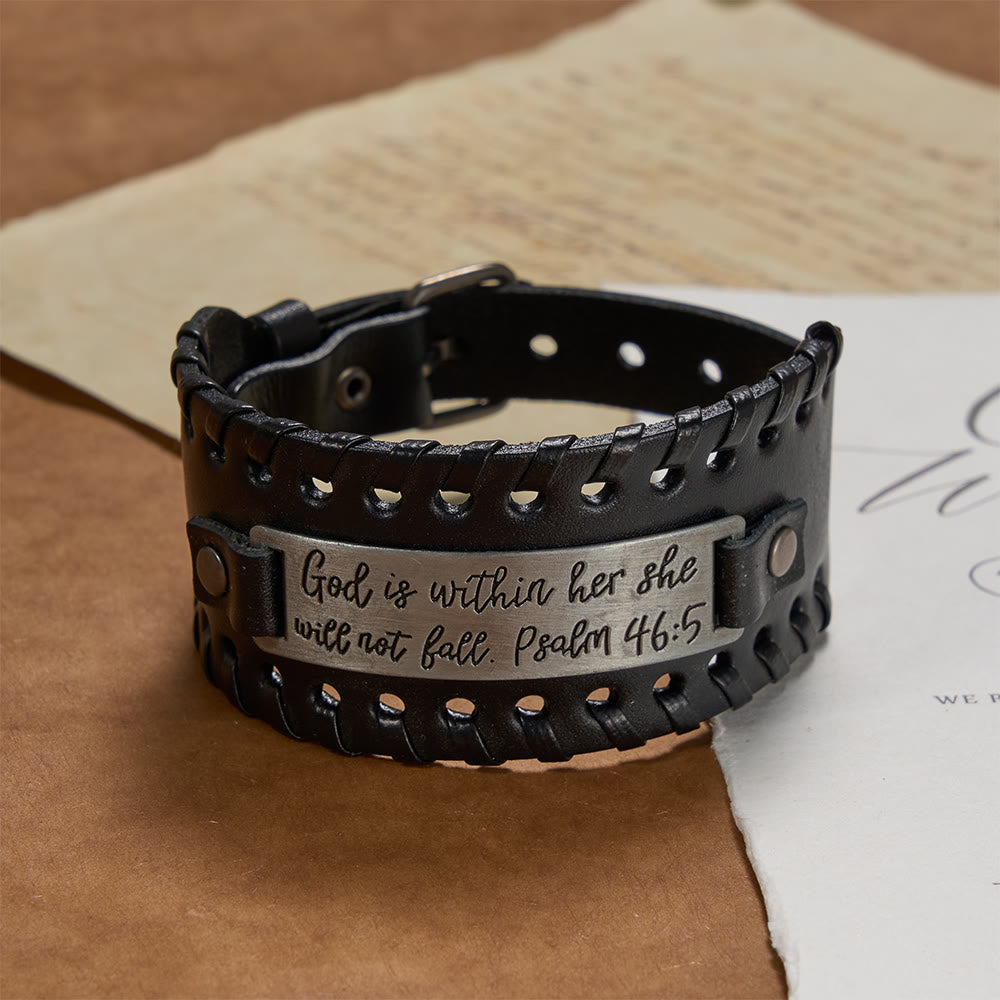 Psalm 46:5 Scripture Engraved Leather Bracelet with Braided Stitching
