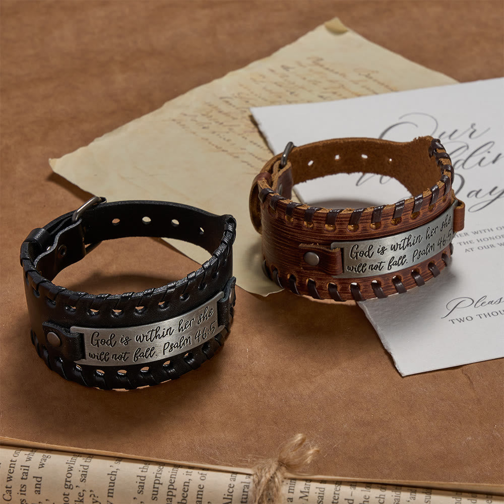 Psalm 46:5 Scripture Engraved Leather Bracelet with Braided Stitching