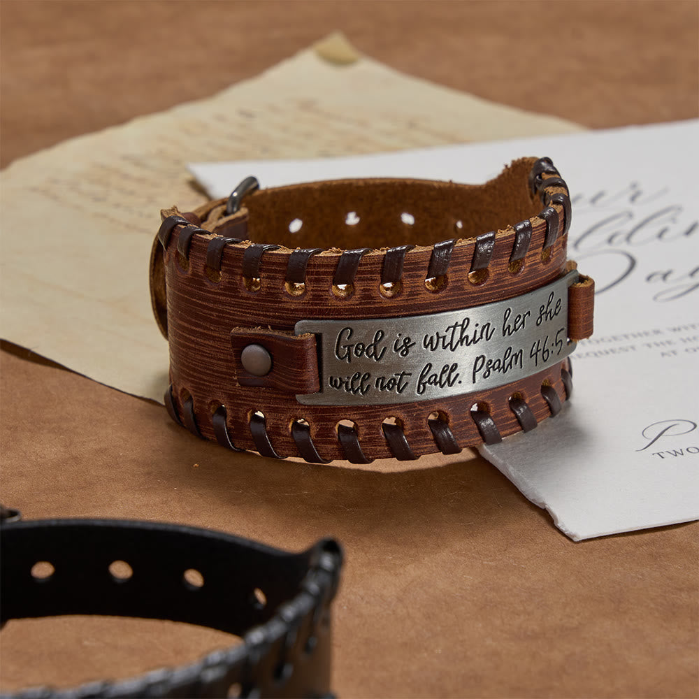 Psalm 46:5 Scripture Engraved Leather Bracelet with Braided Stitching