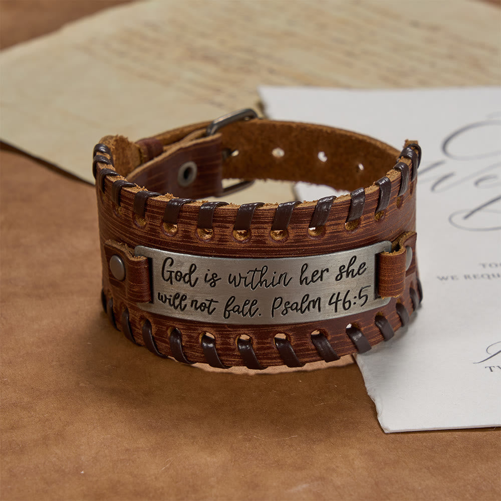 Psalm 46:5 Scripture Engraved Leather Bracelet with Braided Stitching