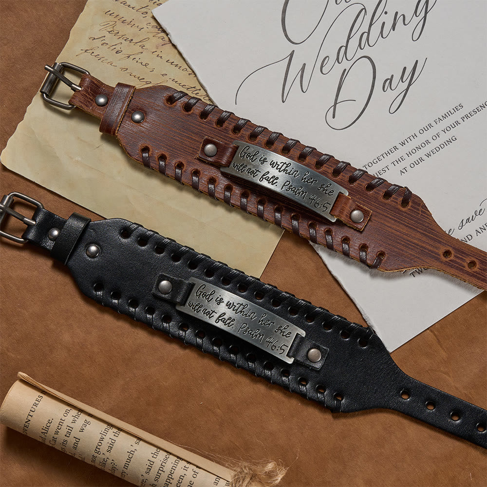 Psalm 46:5 Scripture Engraved Leather Bracelet with Braided Stitching