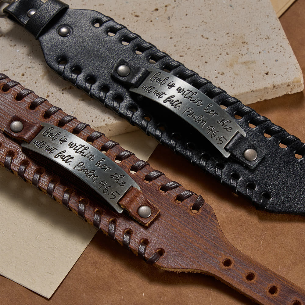 Psalm 46:5 Scripture Engraved Leather Bracelet with Braided Stitching