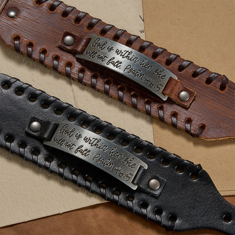 Psalm 46:5 Scripture Engraved Leather Bracelet with Braided Stitching
