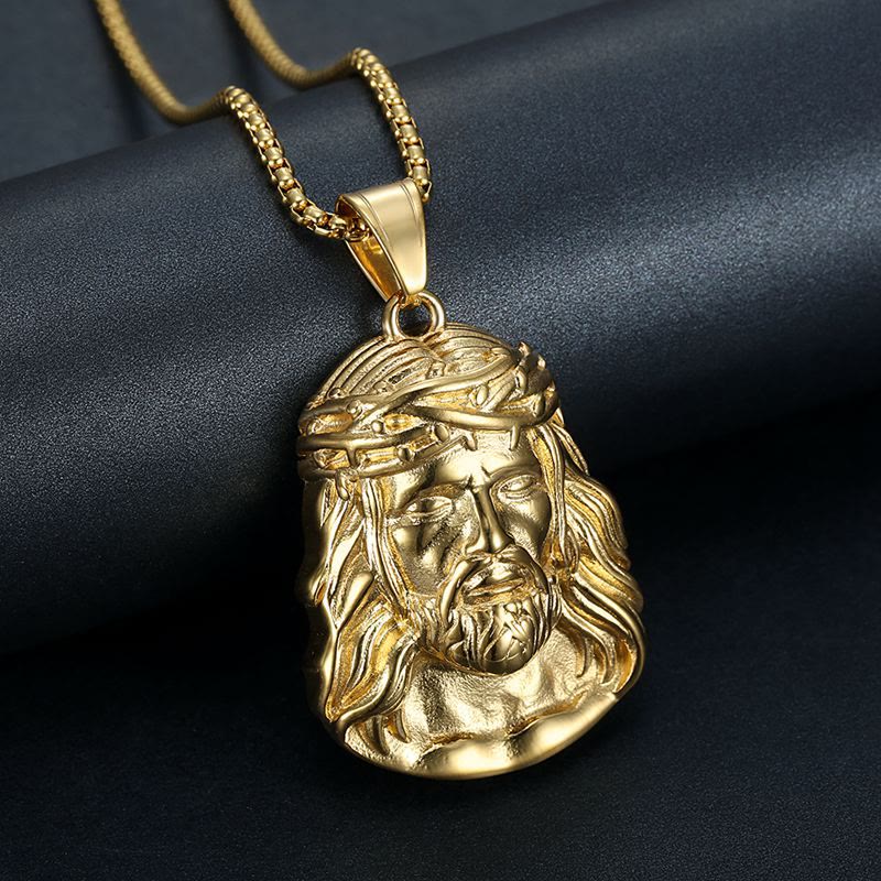Jesus Head Pendant Necklace with Crown of Thorns and Zircon Accents