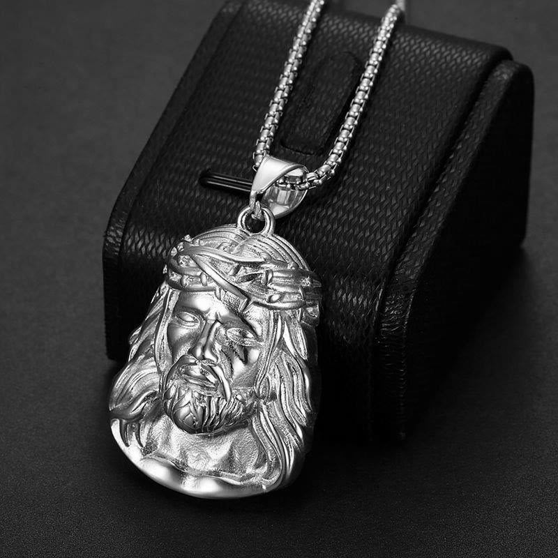 Jesus Head Pendant Necklace with Crown of Thorns and Zircon Accents