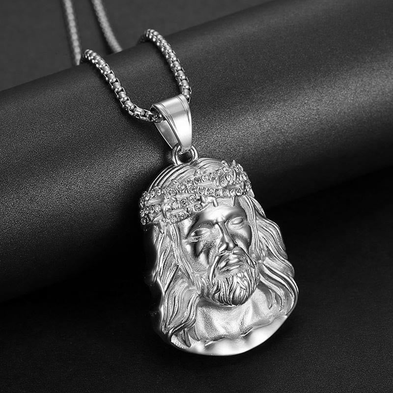 Jesus Head Pendant Necklace with Crown of Thorns and Zircon Accents