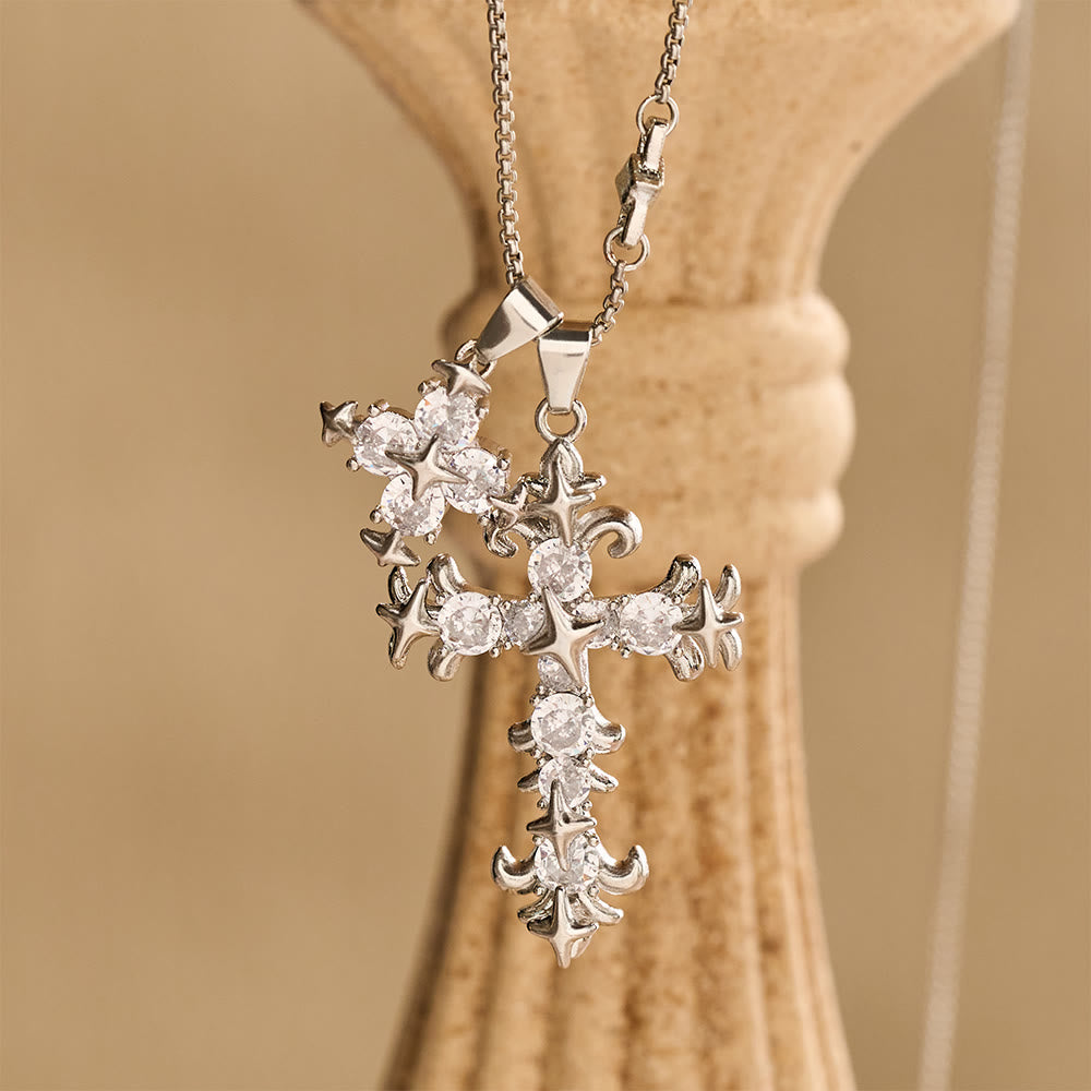 Star Accent Stone Inlaid Double Cross Layered Necklace