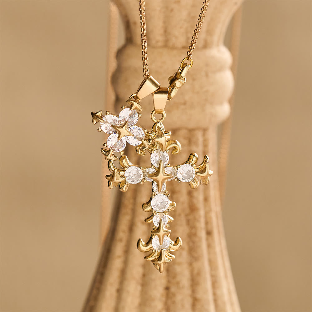 Star Accent Stone Inlaid Double Cross Layered Necklace