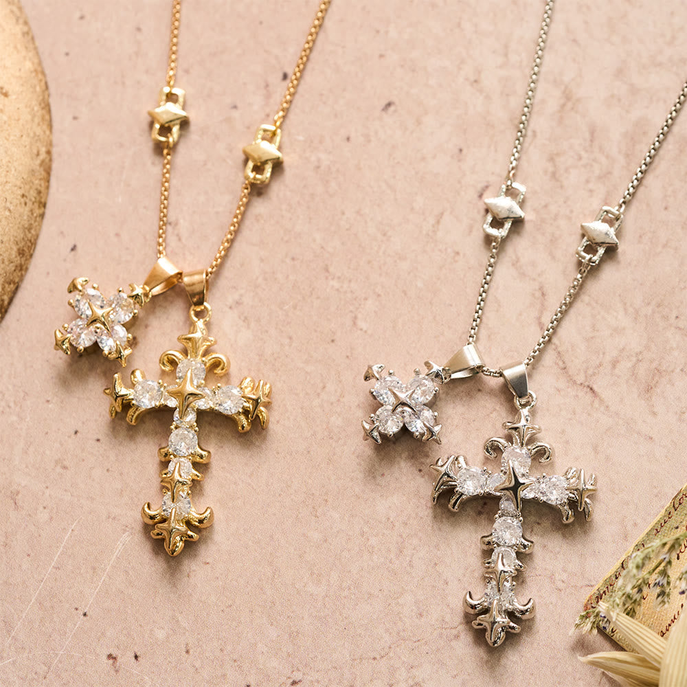 Star Accent Stone Inlaid Double Cross Layered Necklace