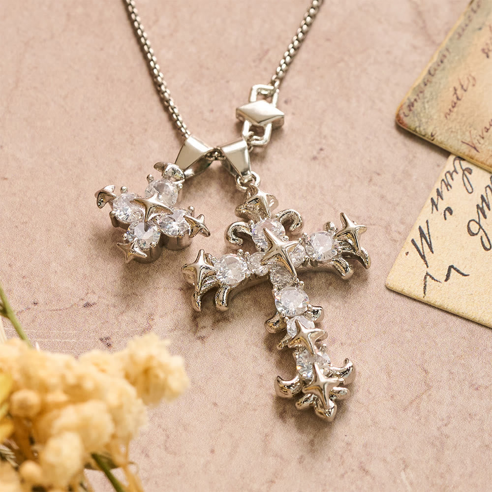 Star Accent Stone Inlaid Double Cross Layered Necklace
