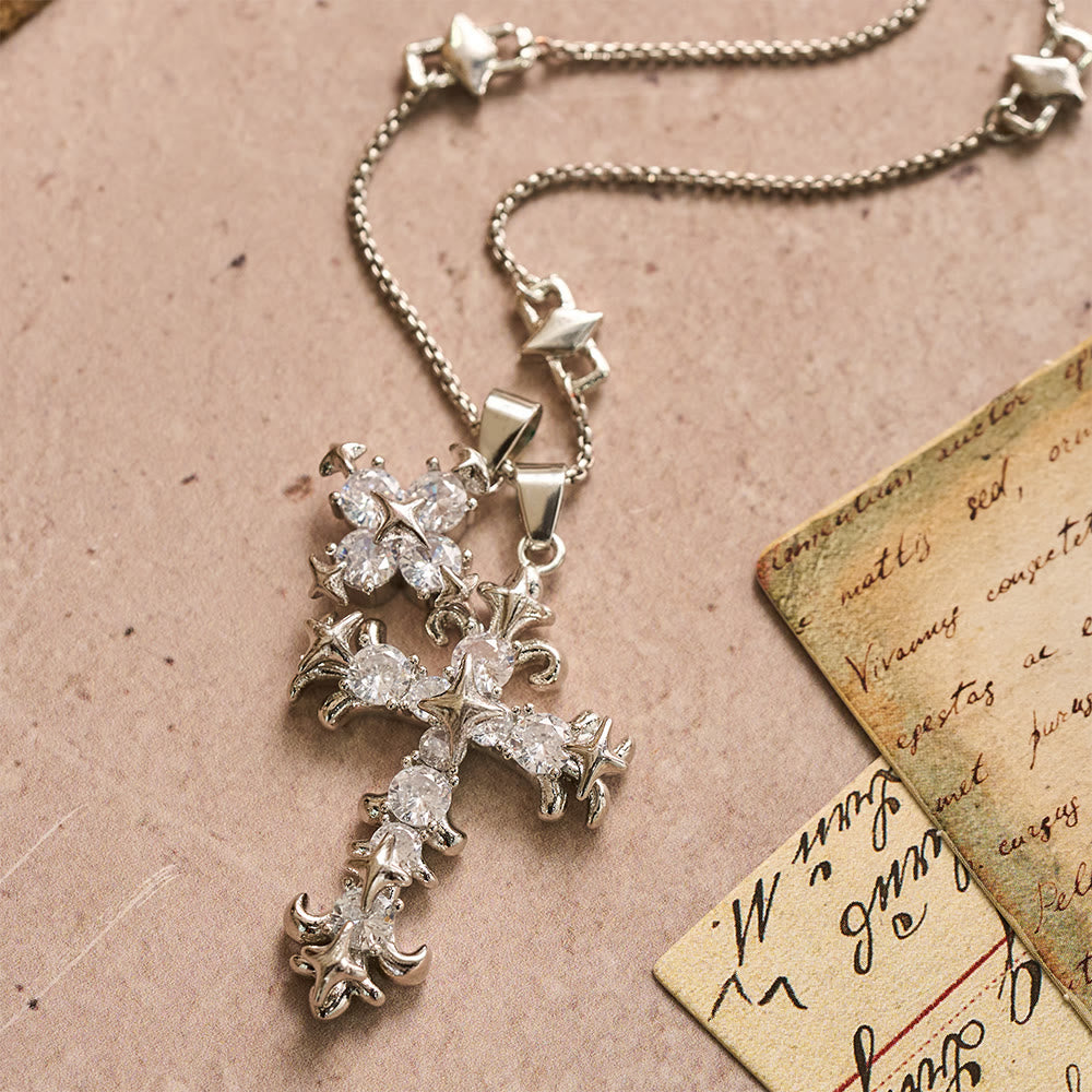 Star Accent Stone Inlaid Double Cross Layered Necklace