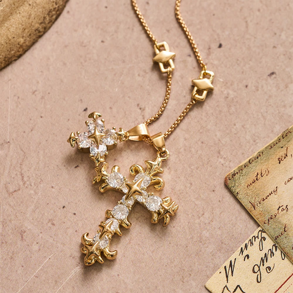 Star Accent Stone Inlaid Double Cross Layered Necklace