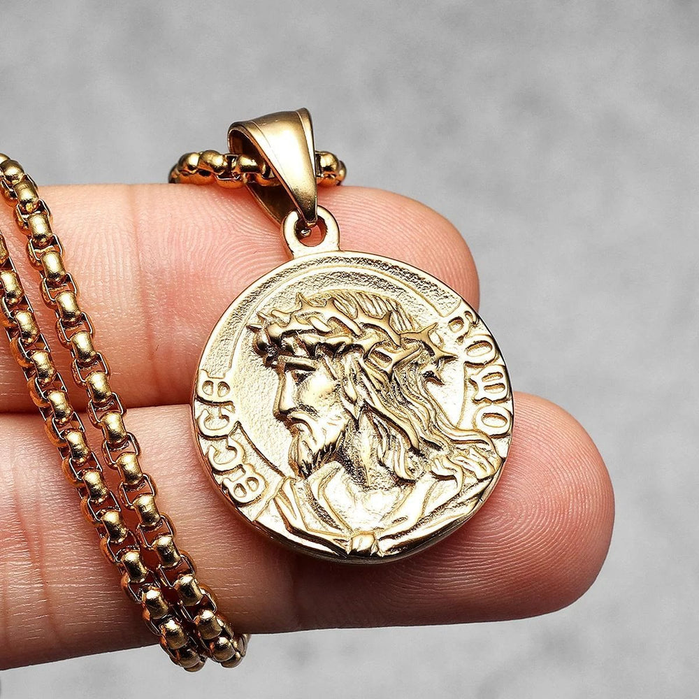 Crown Of Thorns Jesus Portrait Round Medal Box Chain Necklace
