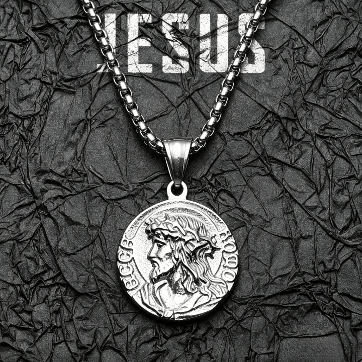 Crown Of Thorns Jesus Portrait Round Medal Box Chain Necklace