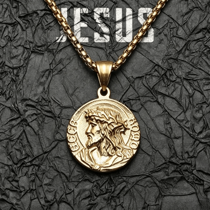 Crown Of Thorns Jesus Portrait Round Medal Box Chain Necklace
