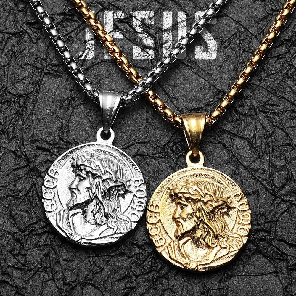 Crown Of Thorns Jesus Portrait Round Medal Box Chain Necklace