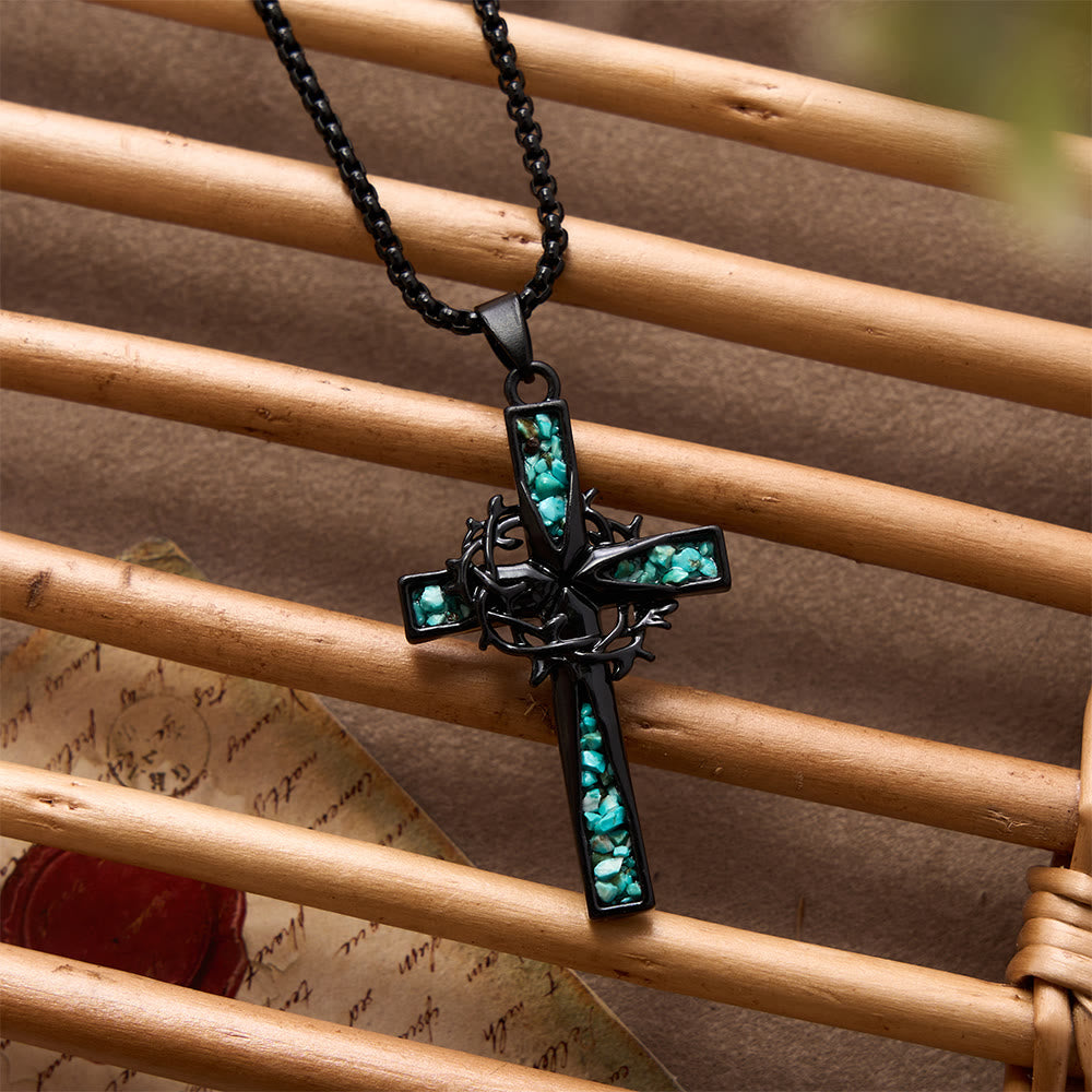 Western Bohemian Crushed Turquoise Inlaid Thorn Cross Necklace