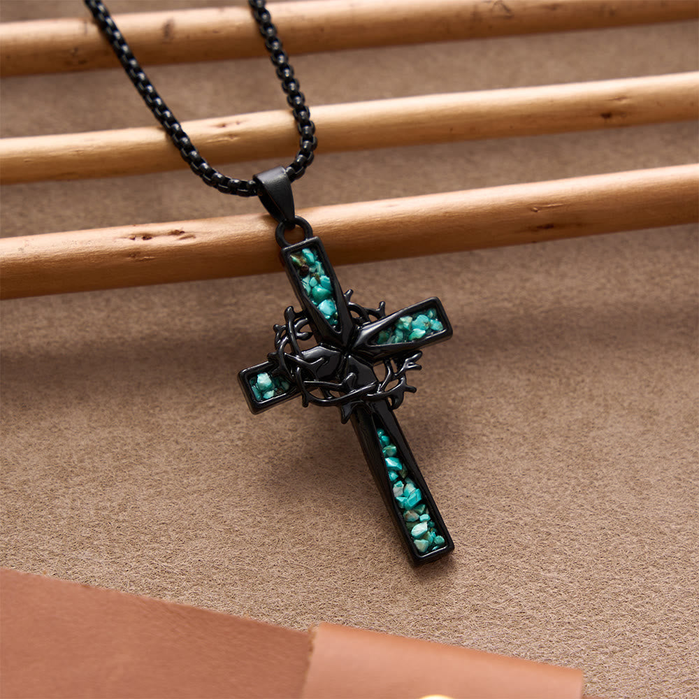 Western Bohemian Crushed Turquoise Inlaid Thorn Cross Necklace