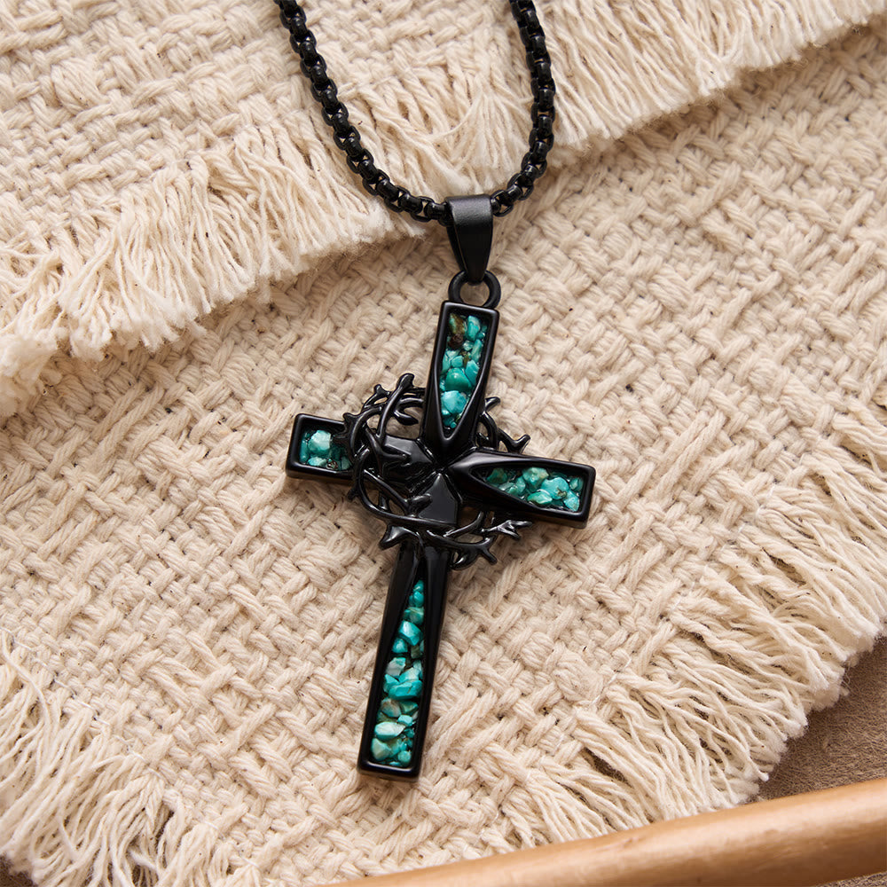 Western Bohemian Crushed Turquoise Inlaid Thorn Cross Necklace