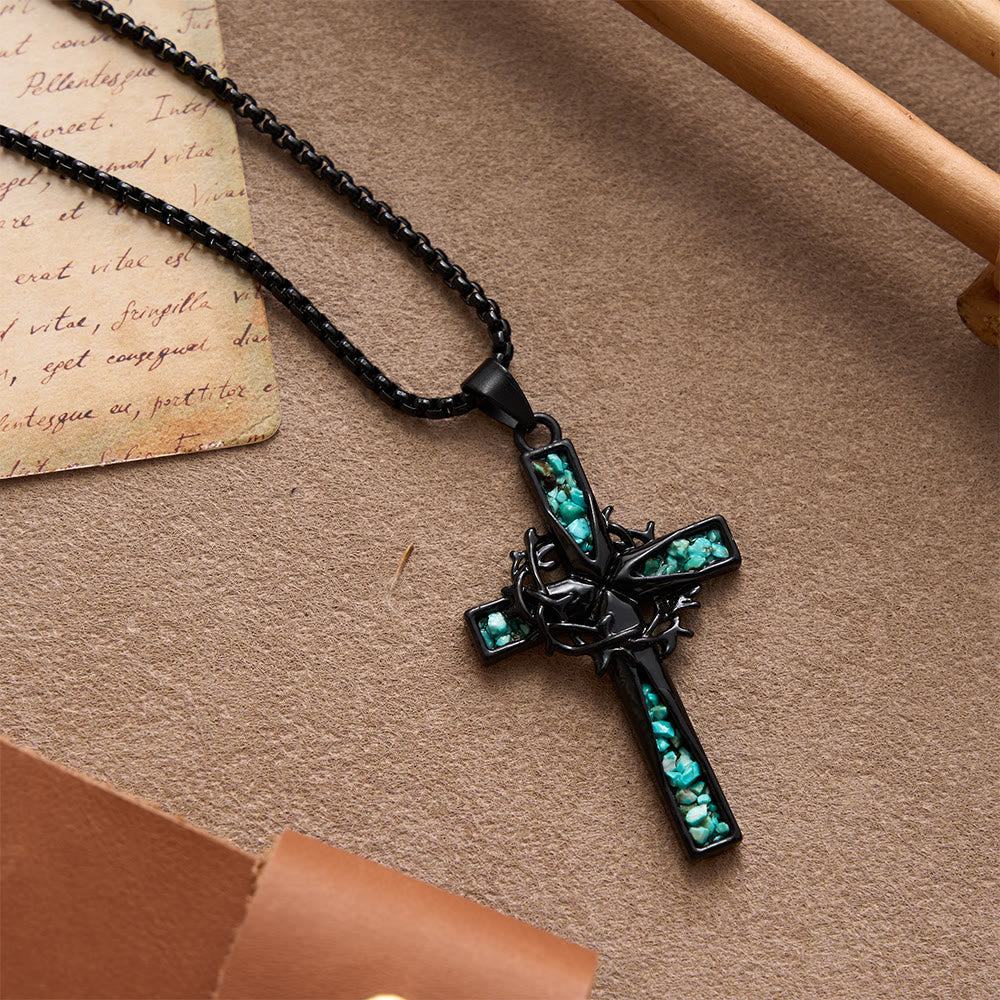 Western Bohemian Crushed Turquoise Inlaid Thorn Cross Necklace