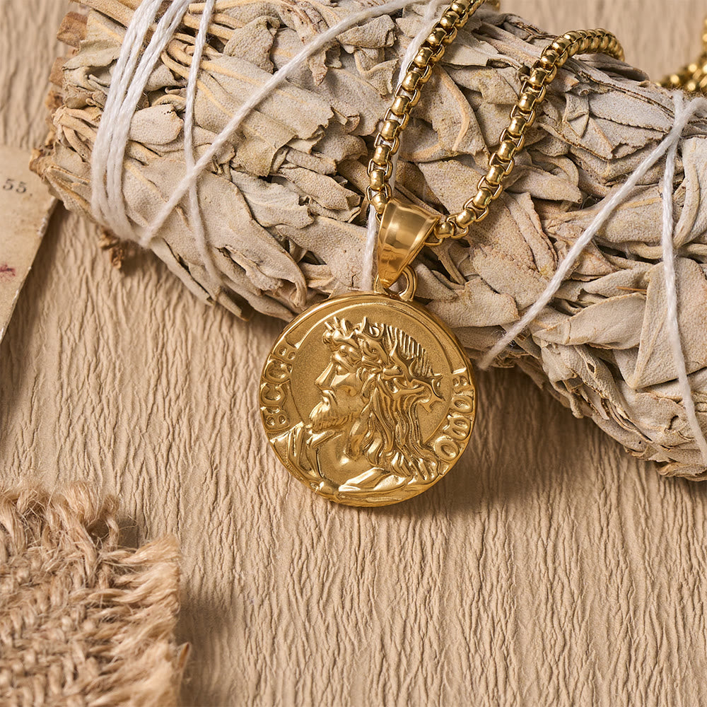 Crown Of Thorns Jesus Portrait Round Medal Box Chain Necklace