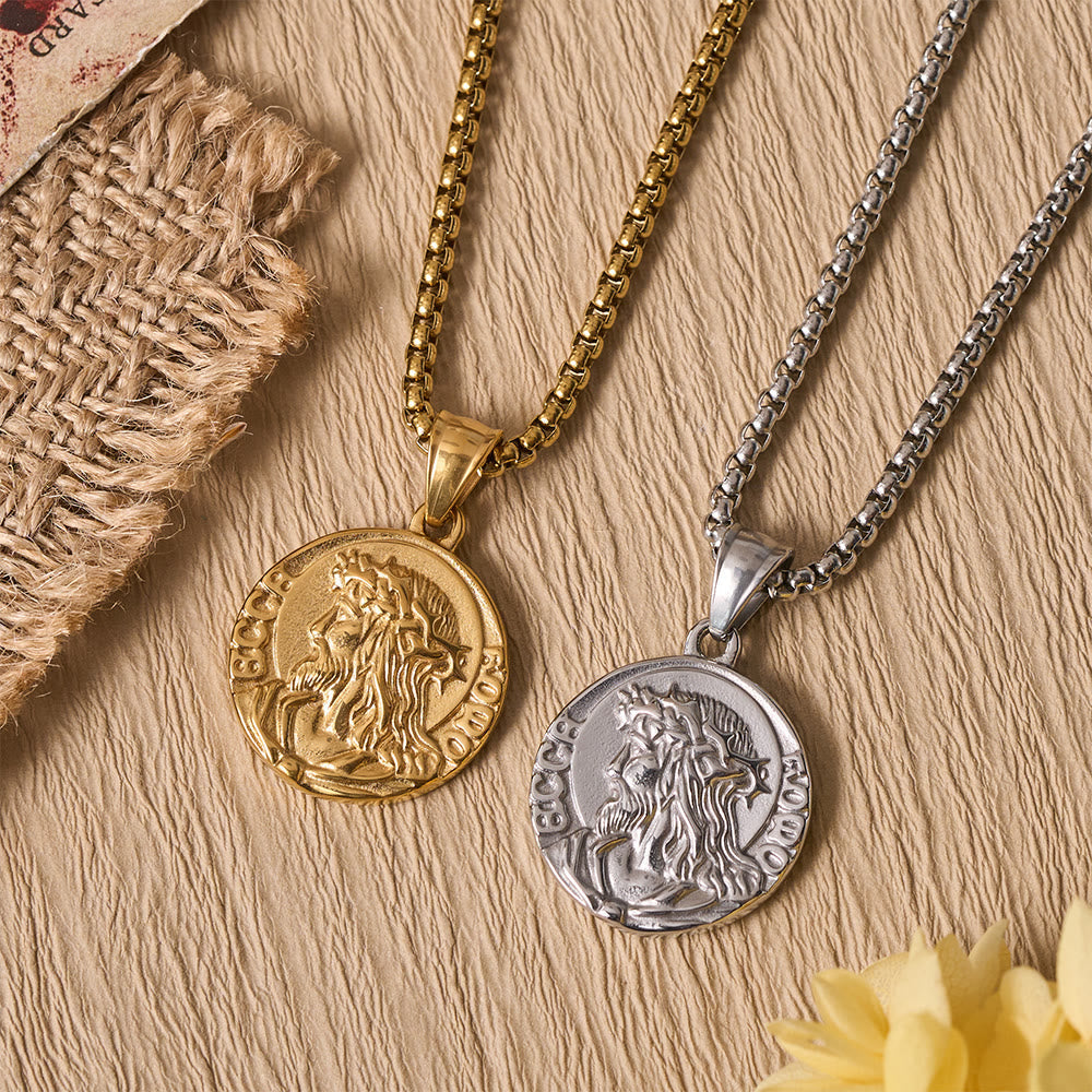 Crown Of Thorns Jesus Portrait Round Medal Box Chain Necklace