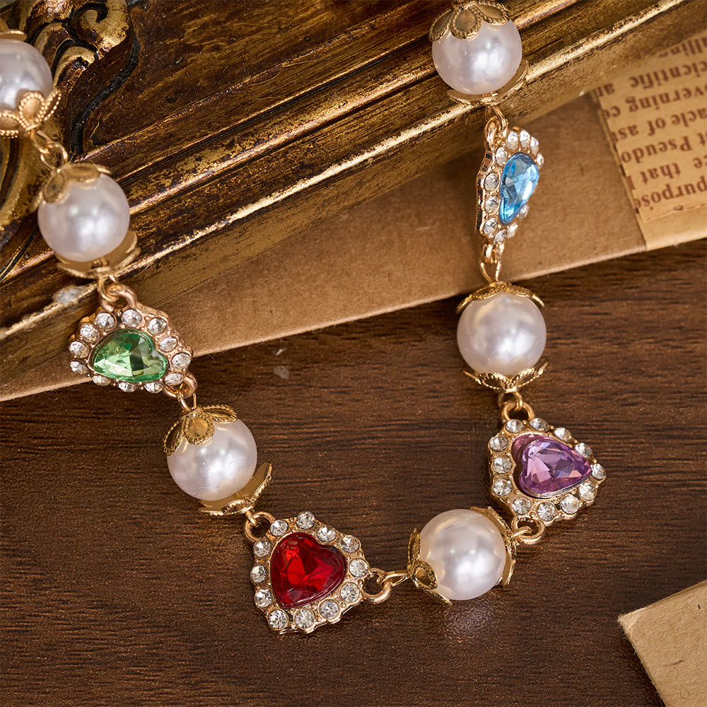 Vintage Layered Jeweled Cross & Pearl Heart Chain Necklace