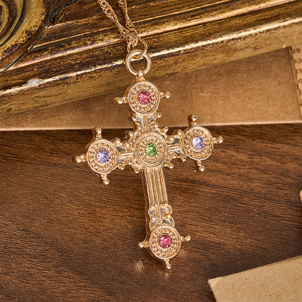 Vintage Layered Jeweled Cross & Pearl Heart Chain Necklace