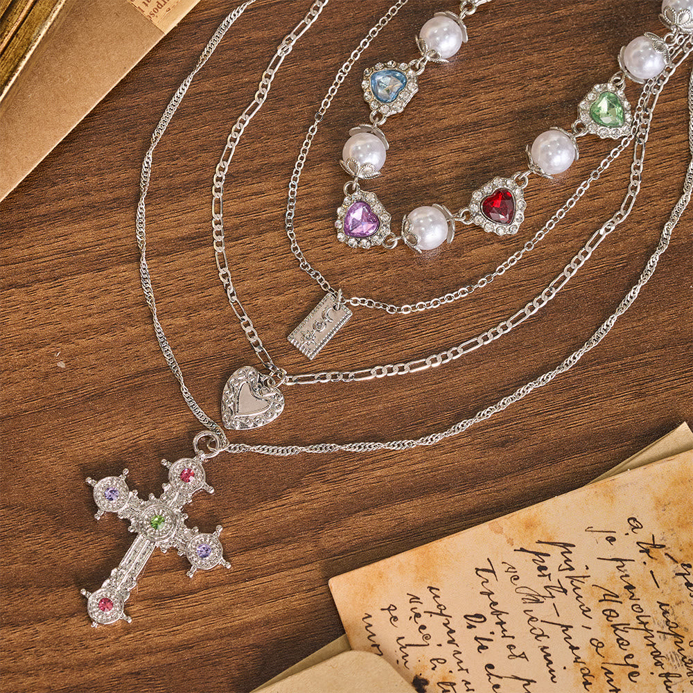 Vintage Layered Jeweled Cross & Pearl Heart Chain Necklace