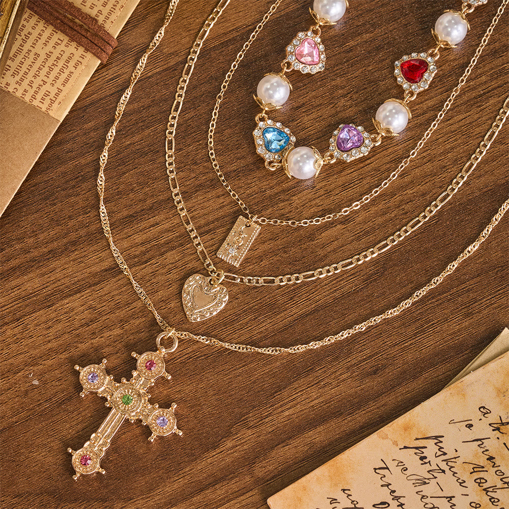 Vintage Layered Jeweled Cross & Pearl Heart Chain Necklace