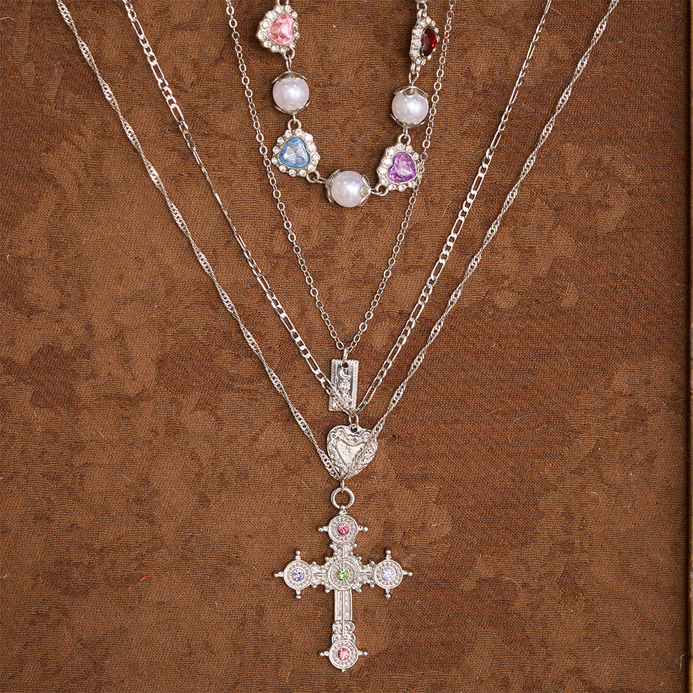 Vintage Layered Jeweled Cross & Pearl Heart Chain Necklace