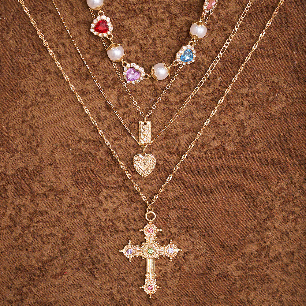 Vintage Layered Jeweled Cross & Pearl Heart Chain Necklace