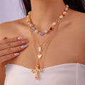 Vintage Layered Jeweled Cross & Pearl Heart Chain Necklace