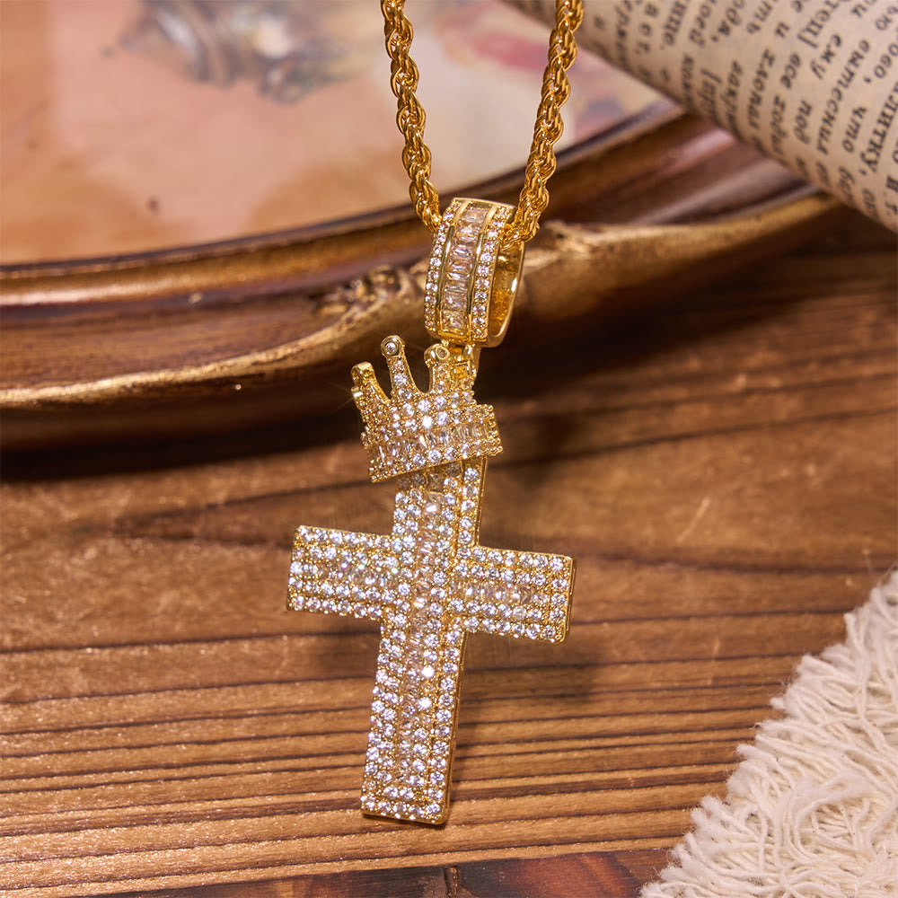 Iced Out Crown Top Cross Pendant Necklace