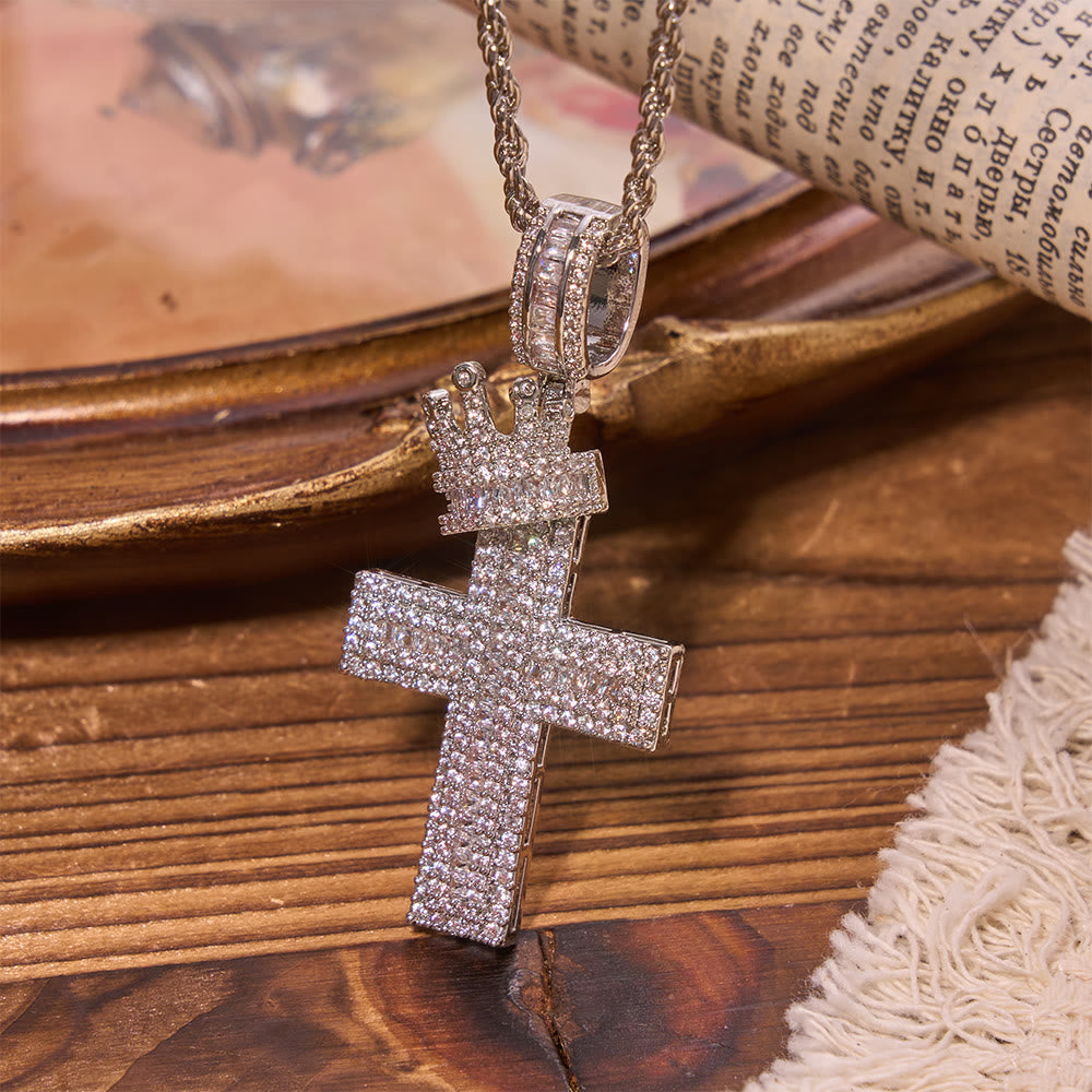 Iced Out Crown Top Cross Pendant Necklace