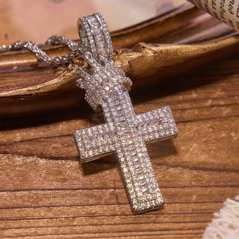 Iced Out Crown Top Cross Pendant Necklace