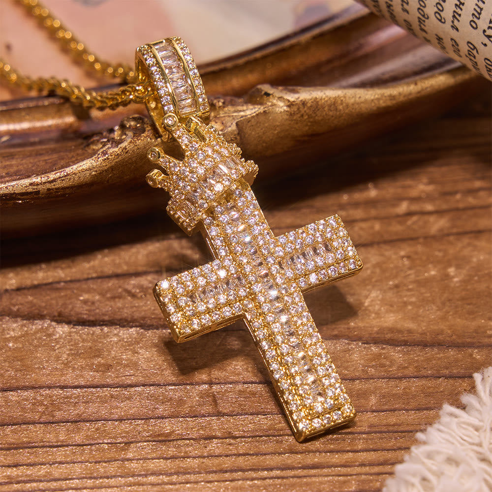 Iced Out Crown Top Cross Pendant Necklace
