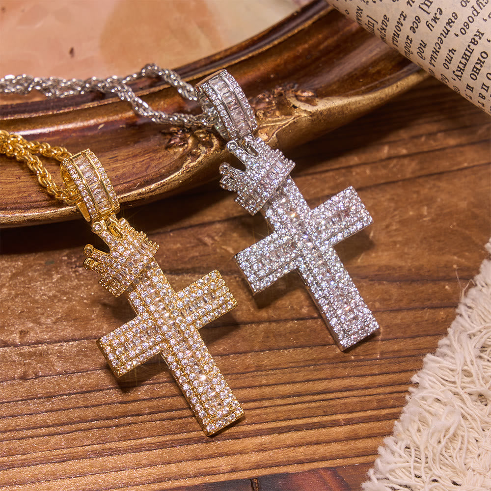 Iced Out Crown Top Cross Pendant Necklace