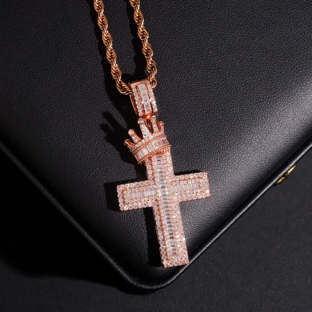 Iced Out Crown Top Cross Pendant Necklace