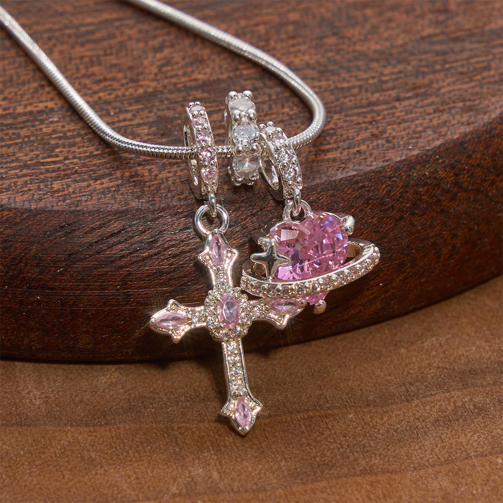 Whimsical Heart Planet & Jeweled Cross Necklace