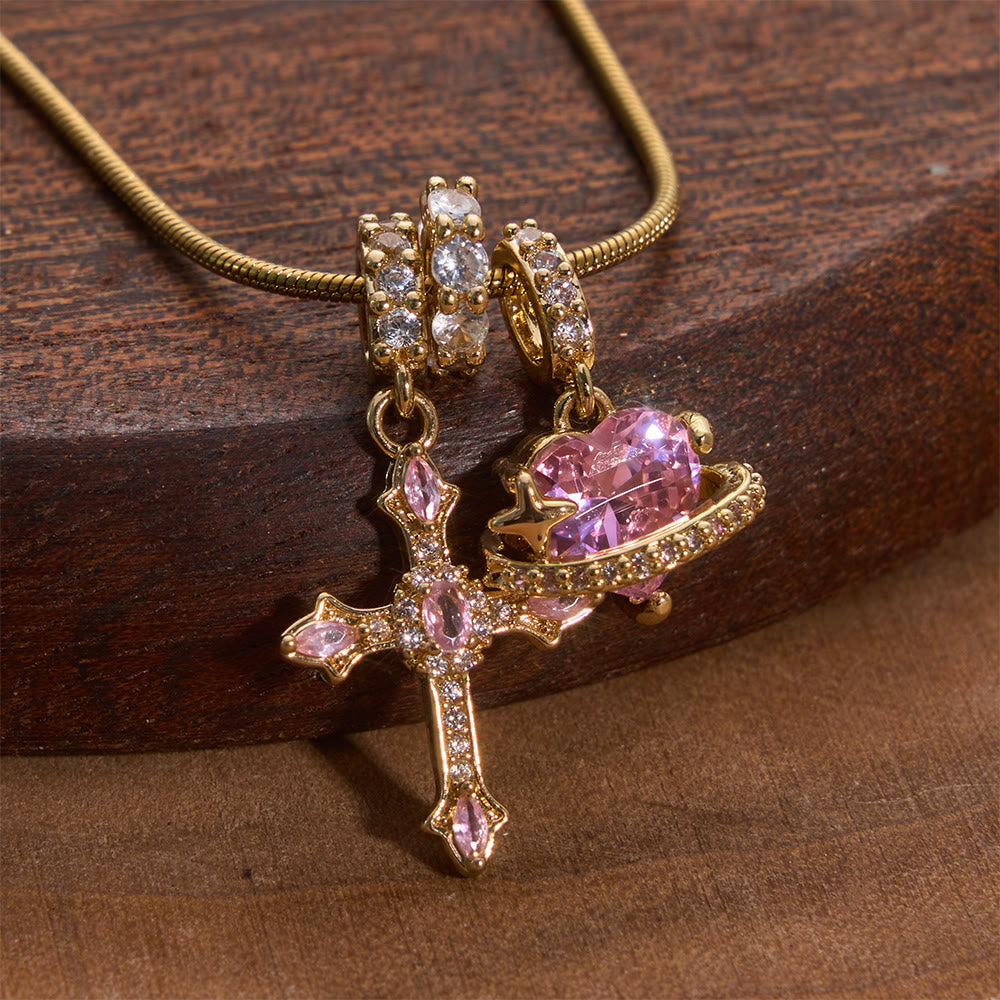 Whimsical Heart Planet & Jeweled Cross Necklace