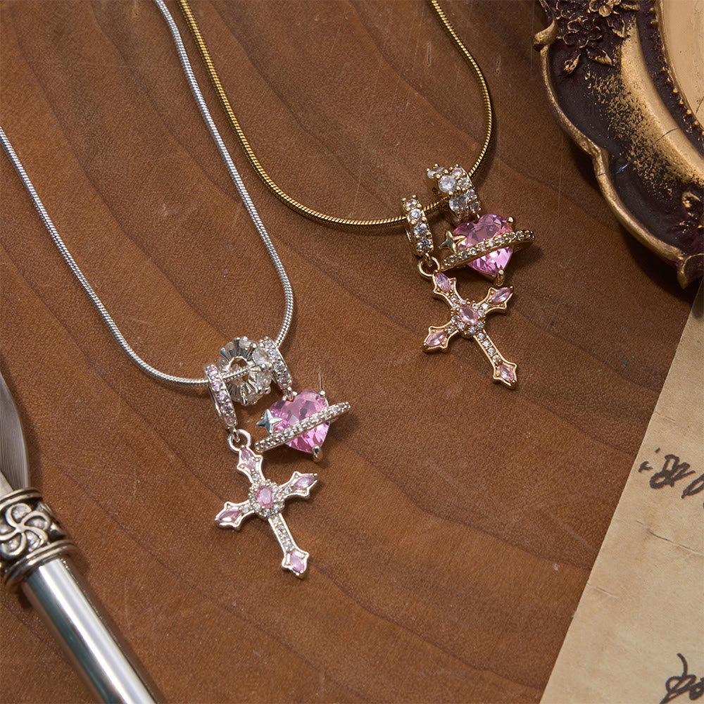 Whimsical Heart Planet & Jeweled Cross Necklace