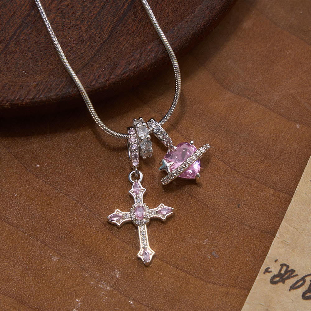 Whimsical Heart Planet & Jeweled Cross Necklace