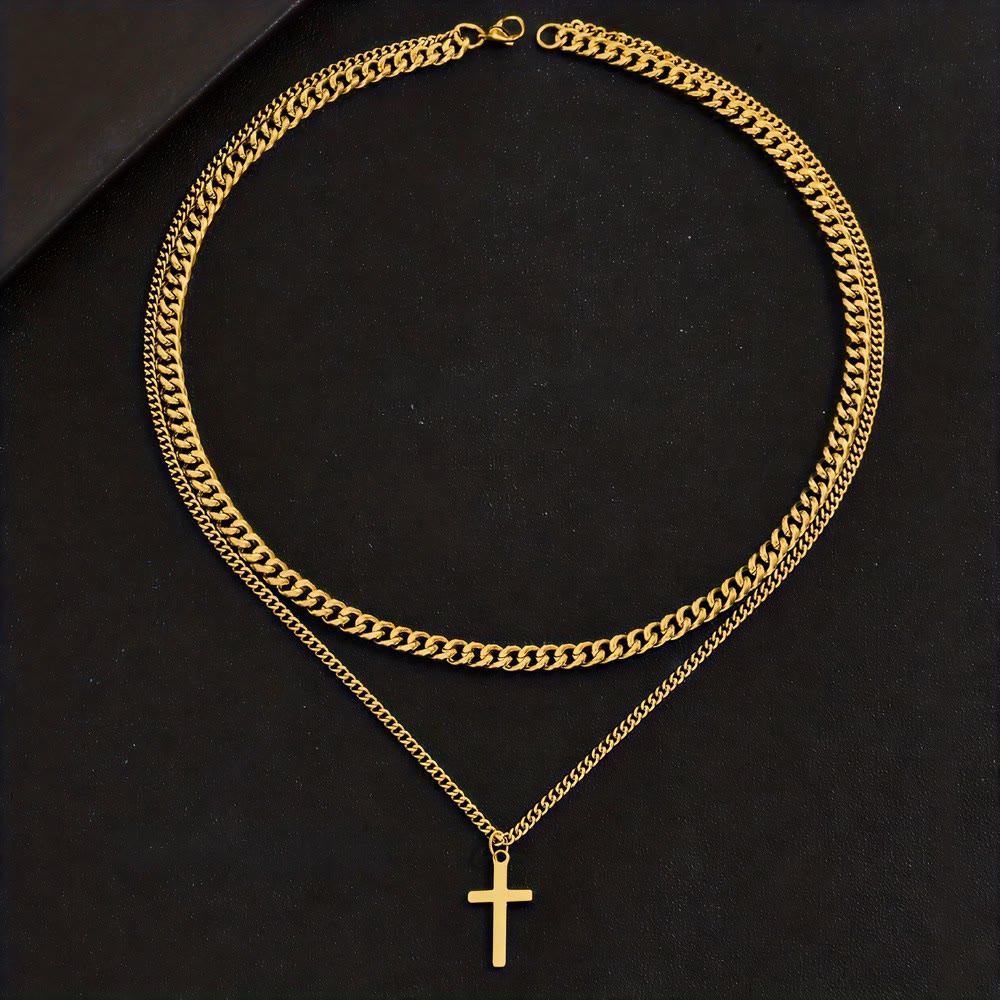 Layered Curb Chain Cross Pendant Necklace
