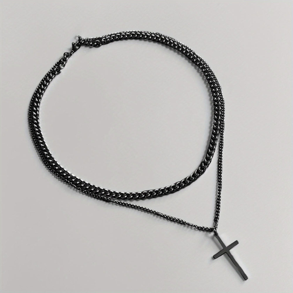 Layered Curb Chain Cross Pendant Necklace