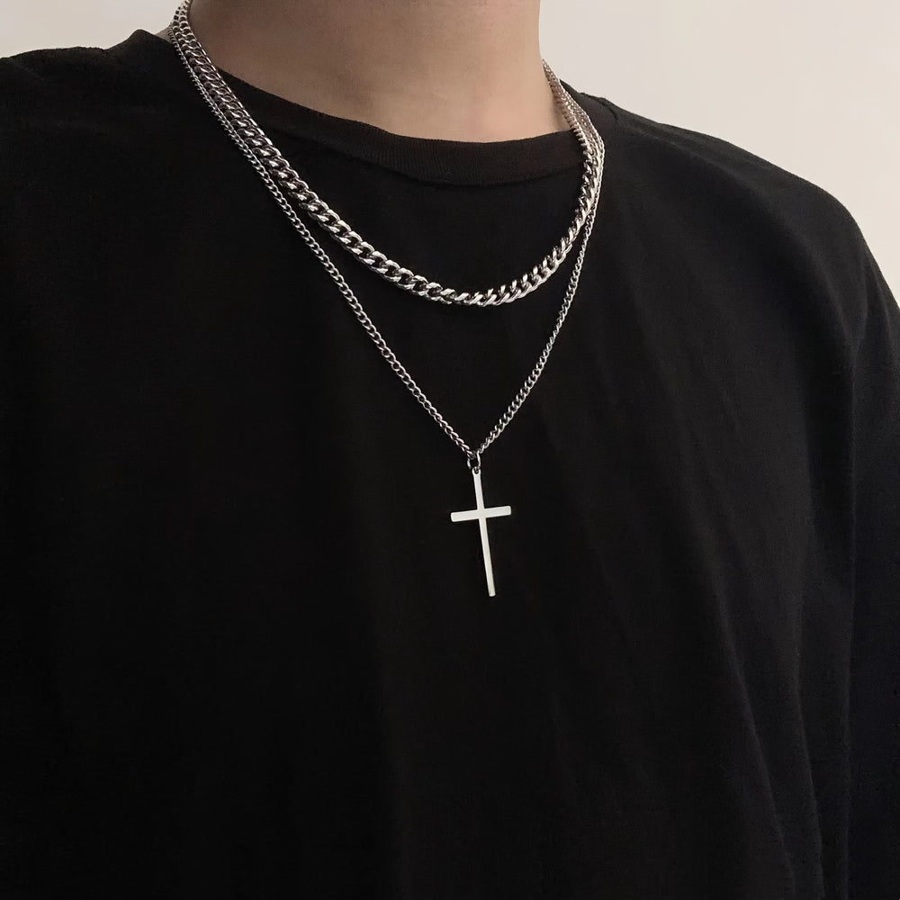 Layered Curb Chain Cross Pendant Necklace